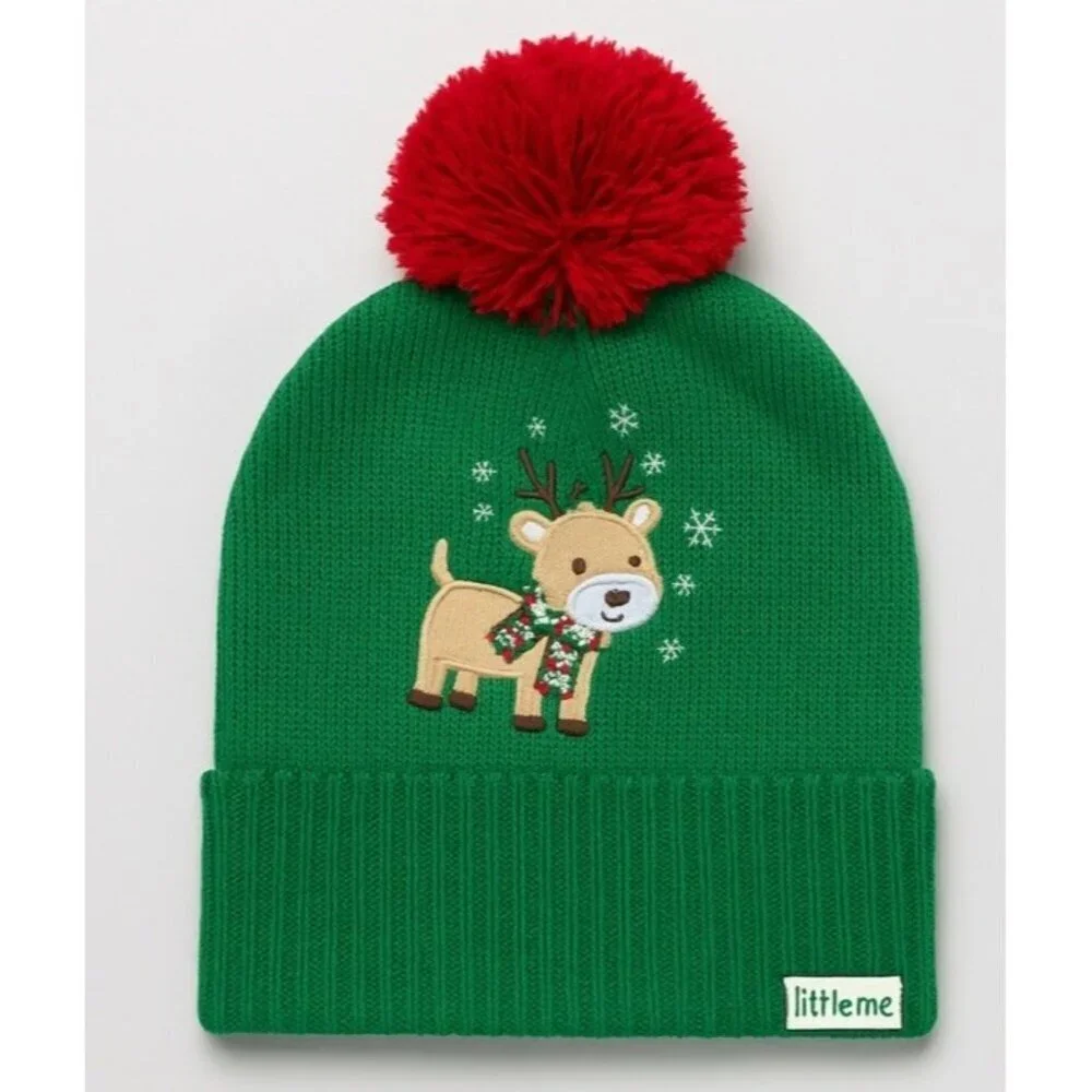 Little Me Reindeer Knit Hat 12-24M Green Red Pom Christmas Winter Beanie New NWT